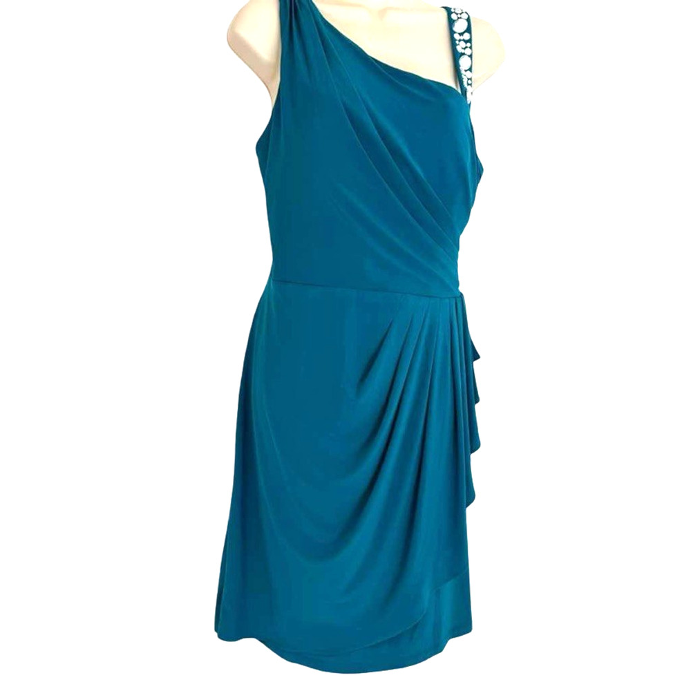 Scarlett Teal Beaded Ruched Rhinestone Cocktail Party Womens Dress Stretch sz 14